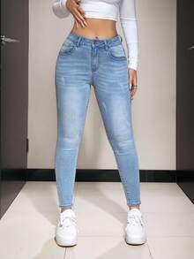 SHEIN PETITE 女式休闲日常水洗斜口袋紧身牛仔裤 - 淺色水洗藍 - 查看 1