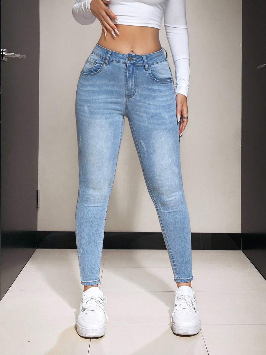 SHEIN PETITE 女式休闲日常水洗斜口袋紧身牛仔裤 - 淺色水洗藍 - 查看 1