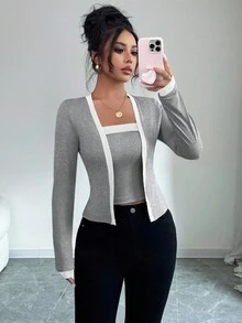 Everyssa Ensemble 2 pièces de veste et gilet élégant en tricot patchwork pour femmes, pour le printemps/automne - Multicolore - Voir 4