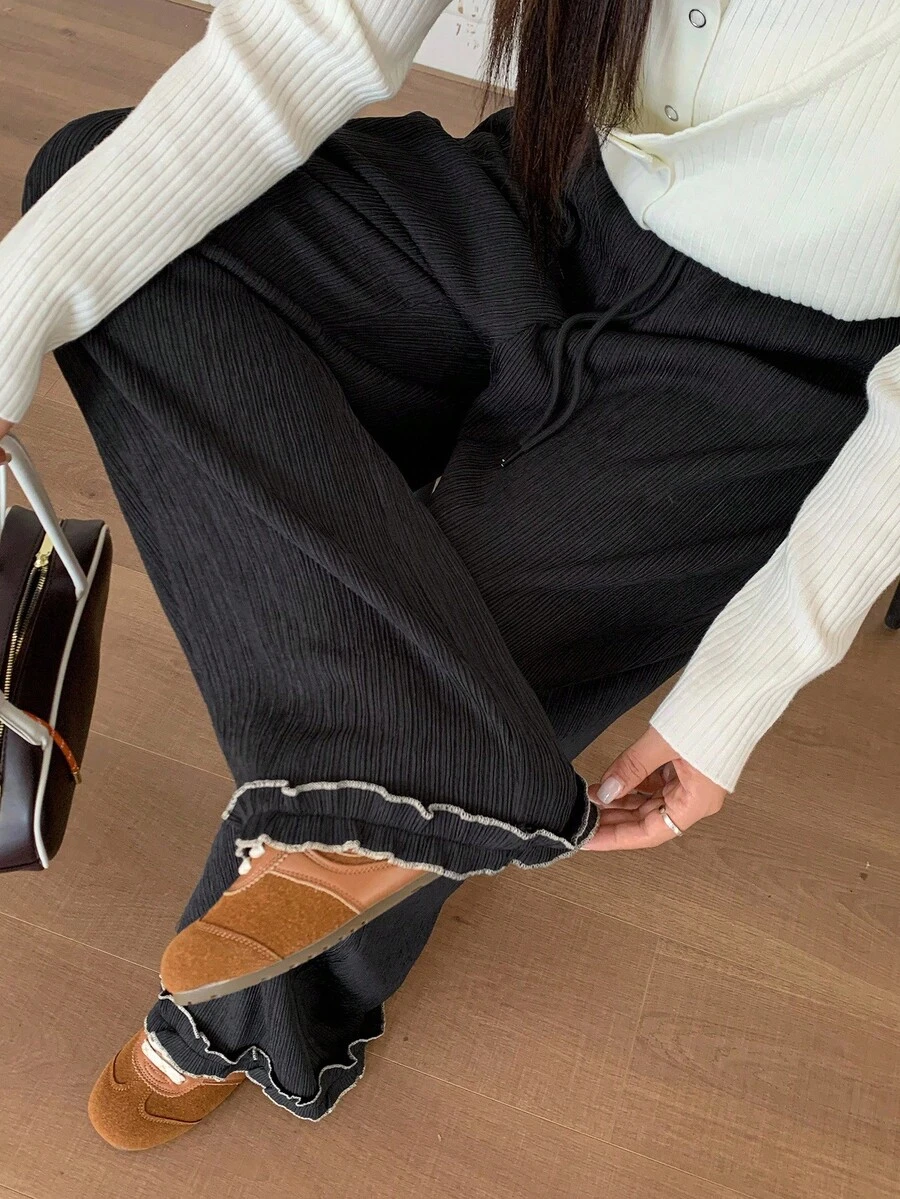 Dazy Plus Plus Size Women Casual Pants With Ribbed Fabric, Elastic Waist, Drawstring, Patchwork Ruffle Hem, Long Length Fall - Black - View 1