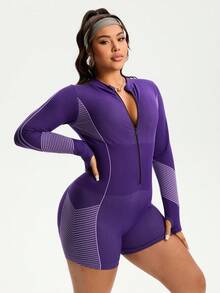 Rhythm Era Mono sin costuras morado talla grande, de manga larga con cremallera, conjunto cómodo para yoga y entrenamiento