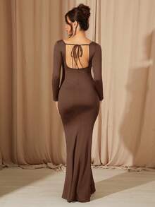 MaterniChic Maternity Solid Color Square Neck Long Sleeve Hollow Out Design Photography Dress - Brown - View 2