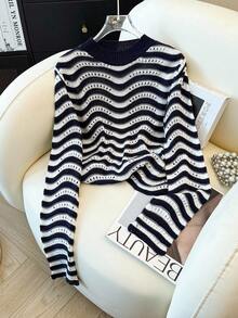 Elnivra French Retro Casual Vacation Daily Minimalist Versatile Fashion Spring Autumn Winter Women Crew Neck Contrast Color Wavy Knit Hollow Long Sleeve Sweater, Navy Blue & Beige - Navy Blue - View 5