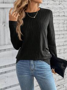 EMERY ROSE 女式休闲纯色纹理纽扣装饰T恤，秋季 - 黑色 - 查看 4