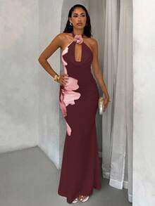 Glamine 优雅性感白色蝴蝶印花 3D 花卉垂坠领露背长款鱼尾修身连衣裙，适合秋季女装返校季 - 酒紅色 - 查看 4