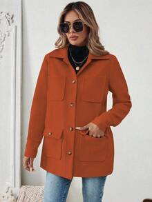 SHEIN LUNE Women's Solid Color Long Sleeve Single-Breasted Casual Pocket Jacket, Autumn - Orange - View 3