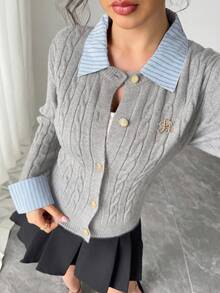 Chiquease 时尚博主风二合一拼布针织短款开衫，欧美风 - 淺灰色 - 查看 7