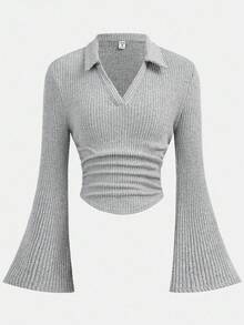 Girlism 少女纯色荷叶边袖短款T恤 - 灰色 - 查看 5