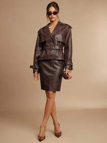 Silquee Áo khoác trench coat hai hàng khuy trơn màu dành cho nữ, phong cách đi làm - Màu nâu  Mocha - Xem 3