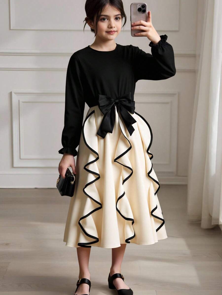 Tween Girls Color Block Long Sleeve Bow Decor Elegant Dress - Black and White - View 1