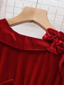 Young Girls Elegant Velvet Long Sleeve Dress, Decorated With Mesh And Bow For Vibe, Suitable For Christmas Party, Daily Wear In Autumn/Winter - Red - View 4