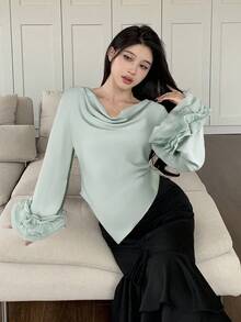 Feyla Damen Bluse mit einfarbiger Rüschensaum Weitung Ärmel, elegante Bluse