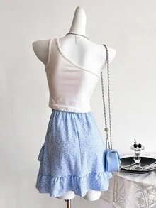 2 件套少女纯色单肩上衣和碎花荷叶边下摆裙子套装