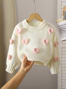 SHEIN Playful Pals 少女可爱3D心形白色毛衣圆领灯笼袖针织套头衫 - 米色 - 查看 1