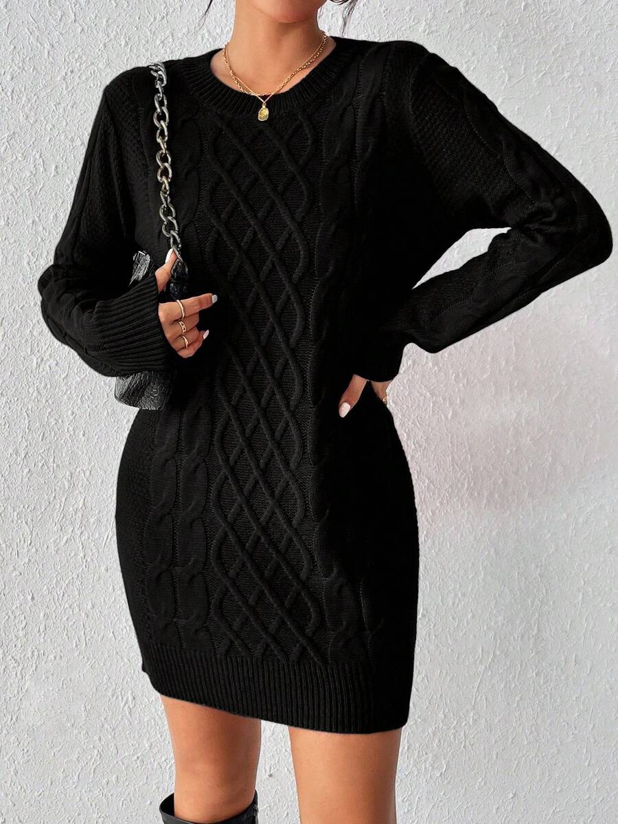 SHEIN Unity Women's Solid Cable Knit Sweater Dress New Year - Black - View 1