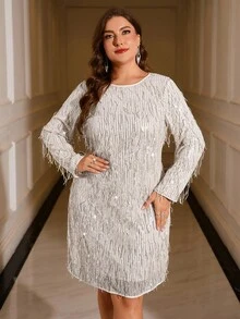 Gownix 大码女装连衣裙，优雅亮片流苏装饰短款紧身连衣裙，七分袖派对鸡尾酒会女装 - 杏色 - 查看 5