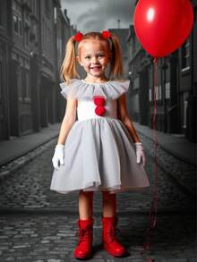 女孩万圣节网眼针织小丑无袖连衣裙 - 白色 - 查看 9