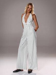 TRNVIE 1pc Women's Polka Dot Print Jumpsuit, Deep V-Neck Halter Design, Sleeveless Hollow-Out Non-See-Through, Sexy Open Back For Daily, Commute, Elegant, Retro - Black and White - View 6