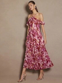 Enchnt Váy dây xếp nếp hoa lãng mạn thanh lịch dành cho nữ - Màu Hồng Tươi - Xem 4