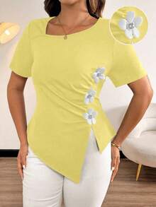 Vionelle 大码女童休闲3D花卉荷叶边腰部不对称下摆短袖T恤 - 黃色 - 查看 1