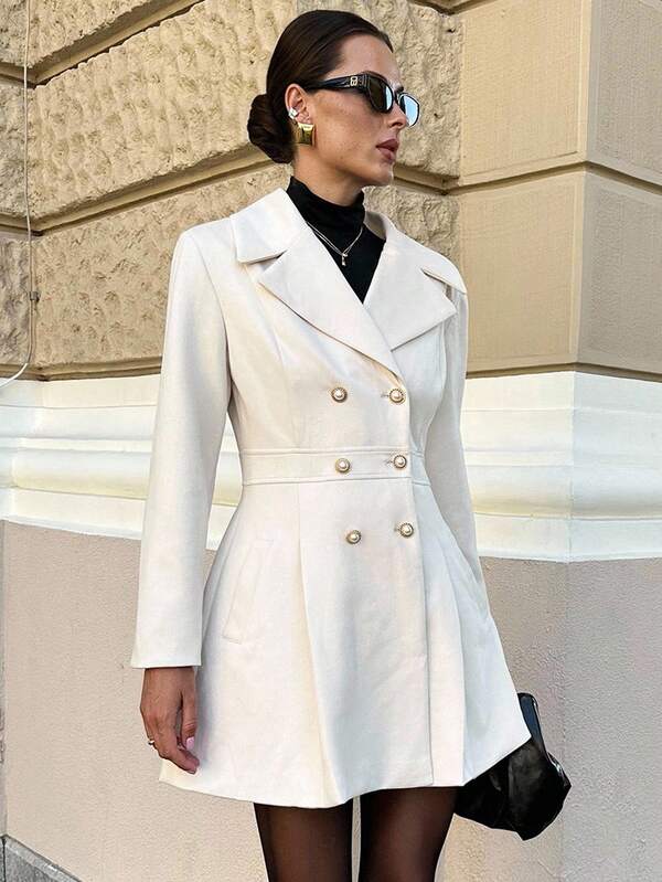 Lavishia Chaqueta regular de mujer con cuello vuelto, manga larga, cintura ceñida y bajo acampanado en color beige. Prenda de vestir versátil y de moda para el uso diario, atuendos de oficina y ropa de otoño e invierno para mujeres