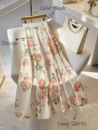 GlowEve กระโปรงทรงเอพิมพ์ลายดอกไม้สีแอปริคอทสง่างามสำหรับผู้หญิง เหมาะสำหรับใส่ไปทำงานทุกวัน