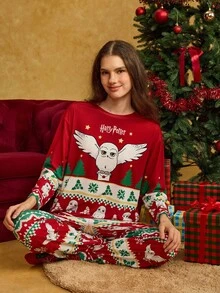 HARRY POTTER X SHEIN 女士圣诞卡通猫头鹰印花圆领长袖上衣和裤子睡衣套装，秋冬服装 - 紅色 - 查看 5