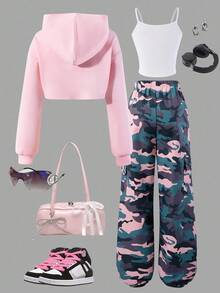 Sparklyn 3 件套迷彩图案运动衫上衣、吊带背心和抽绳下摆休闲裤套装，适合少女春秋季日常穿着