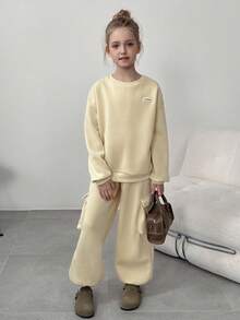 2 pièces/Set Sweat-shirt-shirt ample et décontracté à col ras du cou à manches longues et pantalon de sport oversize, convient pour le port quotidien et l'entraînement - Bleu azur - Voir 3