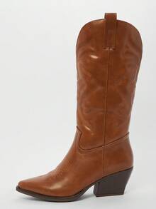 Solezae 迷人尖头粗跟刺绣中筒西部牛仔靴 - 紫紅色 - 查看 2