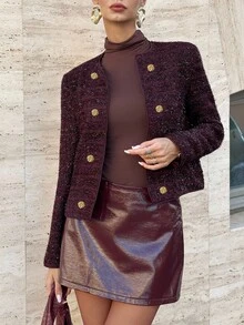 Lavishia Women's Wine Red Thick Tweed Round Neck Long Sleeve Metal Button Fitted Winter Jacket Chic Fall Autumn - Burgundy - View 1