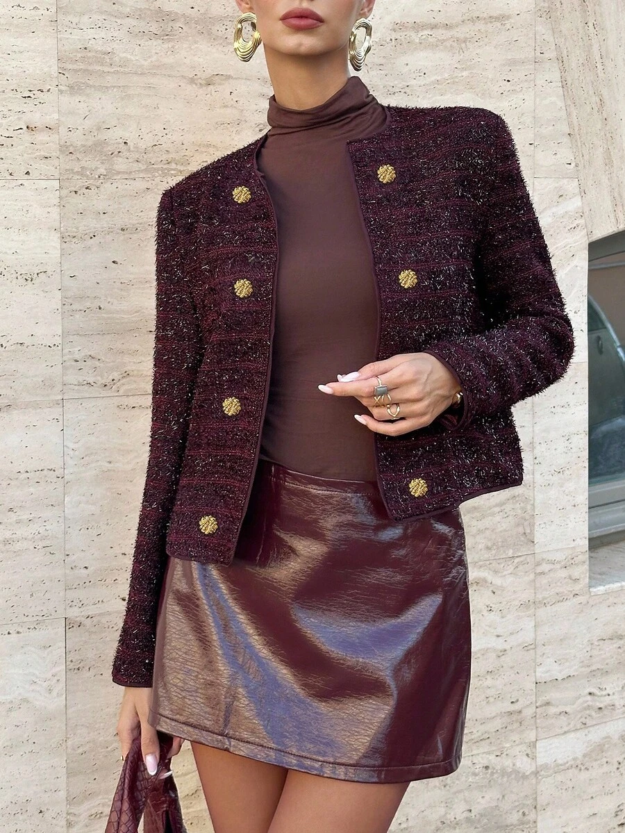 Lavishia Women's Wine Red Thick Tweed Round Neck Long Sleeve Metal Button Fitted Winter Jacket Chic Fall Autumn - Burgundy - View 1