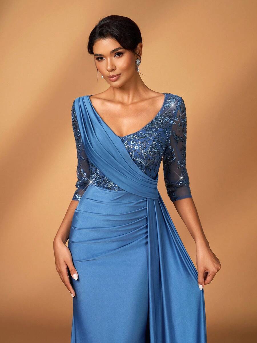 Serin 优雅奢华刺绣亮片蕾丝贴花设计拼布弹力针织泳衣，带美人鱼尾巴可拆卸侧荷叶边，适合婚礼、派对、度假、庆典、新娘和母亲的晚礼服