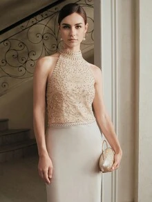 Anewsta Áo hở vai đính hạt cổ yếm dự tiệc thời trang mới dành cho nữ - Màu be - Xem 4