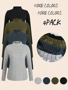 4pcs/Set Plus Size Women Ribbed Texture High Neck Fitted Casual Basic T-Shirt, Autumn/Winter Fall Cloth For Women - Army Green - View 1