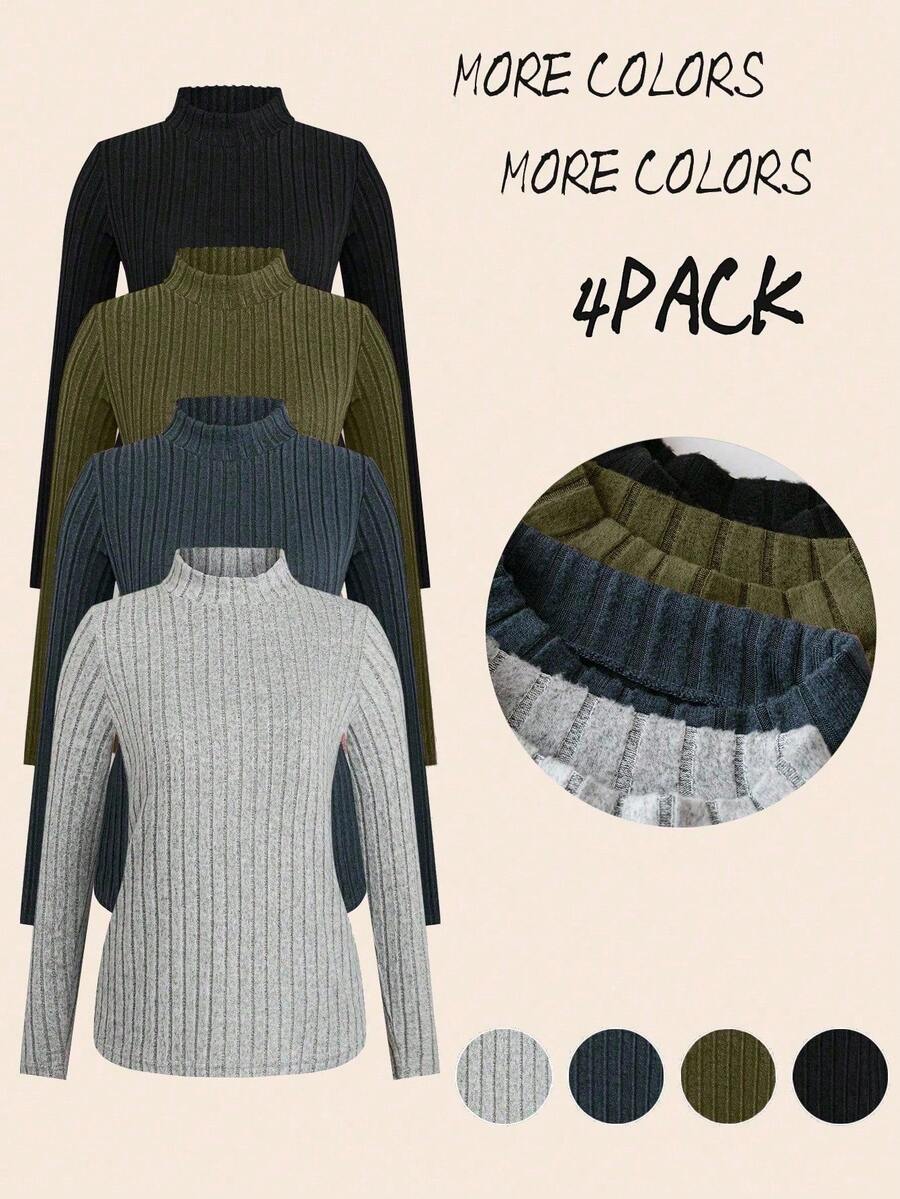 4pcs/Set Plus Size Women Ribbed Texture High Neck Fitted Casual Basic T-Shirt, Autumn/Winter Fall Cloth For Women - Army Green - View 1