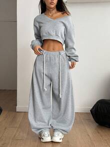 Coolane 女士冬季/秋季街头服饰返校休闲日常装温暖/寒冷天气/保暖舒适深 V 领长袖短款运动衫和阔腿弧形下摆裤套装两件套服装 - 灰色 - 查看 5