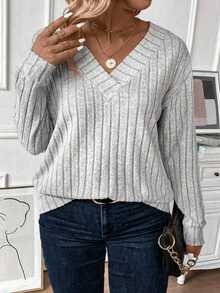 EMERY ROSE New Plus Size Women Casual V-Neck Ribbed Corduroy Fabric Long Sleeve Sweatshirt - Grey - View 1
