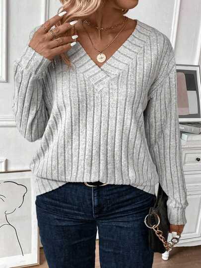 EMERY ROSE Neue Damen Große Größen V-Ausschnitt Rippstrick Cord Langarm Sweatshirt