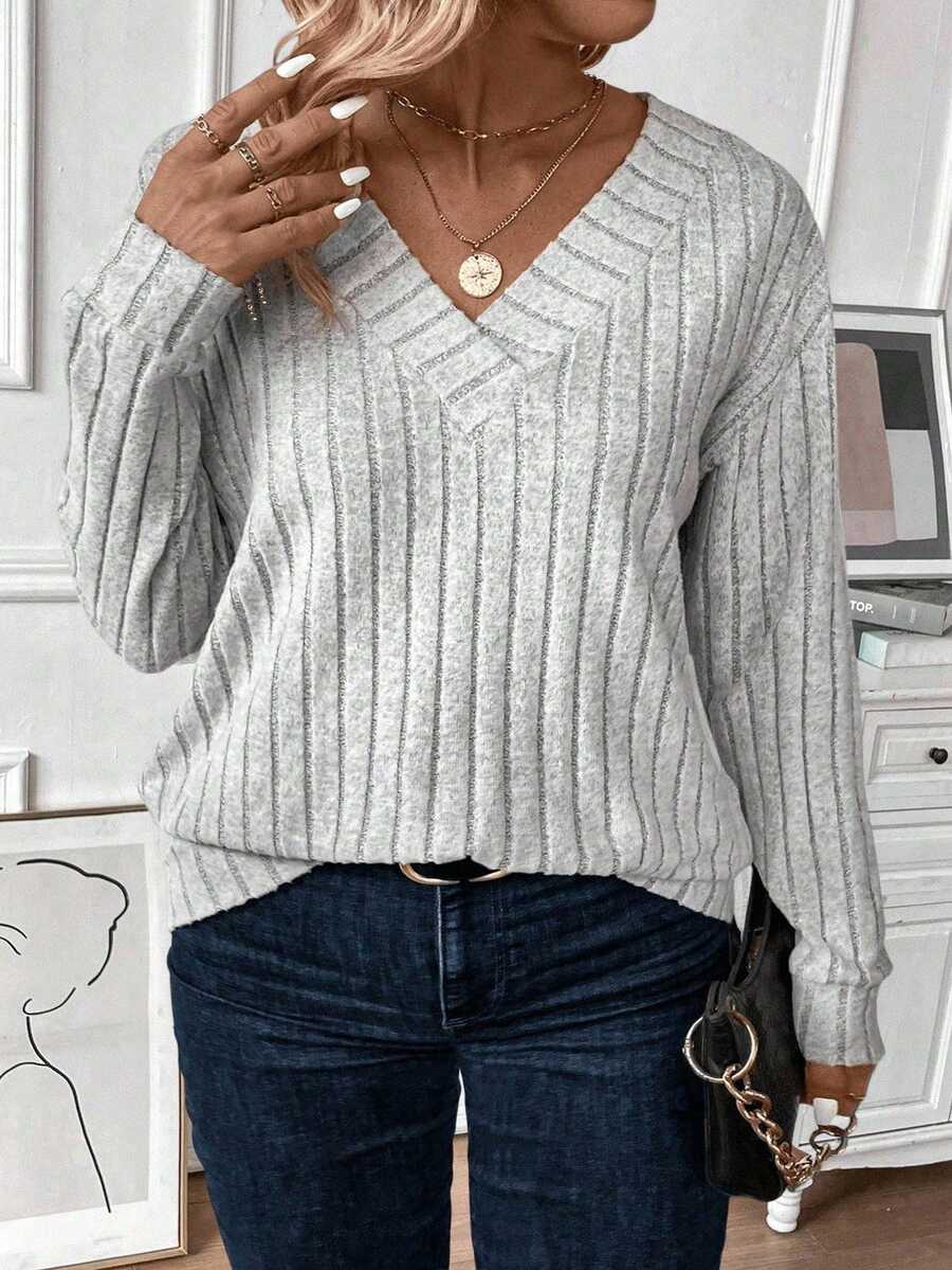 EMERY ROSE New Plus Size Women Casual V-Neck Ribbed Corduroy Fabric Long Sleeve Sweatshirt - Grey - View 1