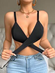 SHEIN 1 件女士简约纯色前交叉无钢圈文胸 - 黑色 - 查看 4