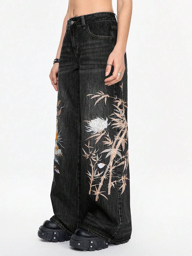 ROMWE Grunge Punk Spring/Summer Casual Graphic Black Unisex Vintage Street-Style Chinese Tiger & Floral Embroidery Loose Wide-Leg Low Waist Jeans - Black - View 4
