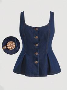 Selenza Plus Size Women Sleeveless Single-Breasted Pleated Hem Casual Washed Top