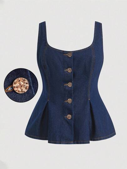 Selenza Plus Size Women Sleeveless Single-Breasted Pleated Hem Casual Washed Top