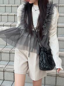 FRIFUL 女士灰色纯色透视网纱荷叶边抽绳褶皱休闲背心，秋季百搭 - 灰色 - 查看 3