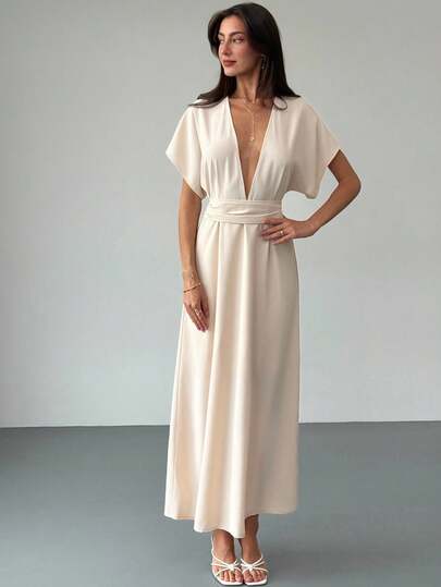 Aloruh Apricot Elegant V-Neck Cinched Waist Long Dress For Women