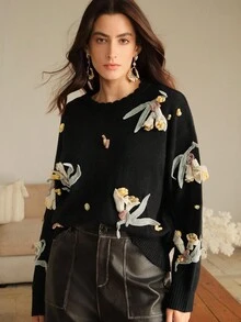 Anewsta Women's Fashionable 3D Floral Embroidery Long Sleeve Knit Sweater, Versatile Pullover Sweater For Autumn/Winter, Christmas