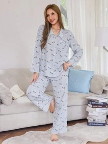 SHEIN Dream Adore Striped Puppy Print Lapel Long Sleeve Long Women Pajama Set, Fall Clothes - Baby Blue - View 5