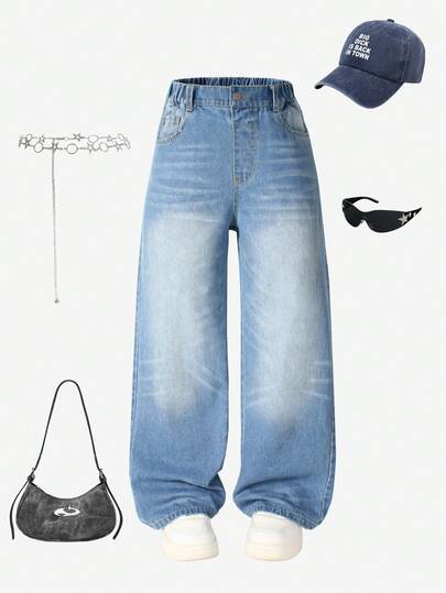 女童休闲复古水洗直筒宽松牛仔裤