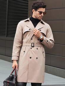 Manfinity CasualCool Men's Button Front Long Sleeve Pocket Simple Casual Trench Coat, Going Out Flannel Trench Coat, For Friends, Husband, Boyfriend Gifts, Men Trench Coat, Man Coat, Men Outerwear,Fall